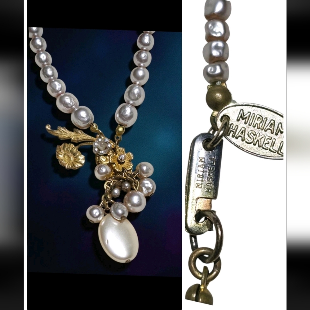 Vintage Miriam Haskell Baroque Glass Pearl Necklace Cluster Pendant Floral Gold